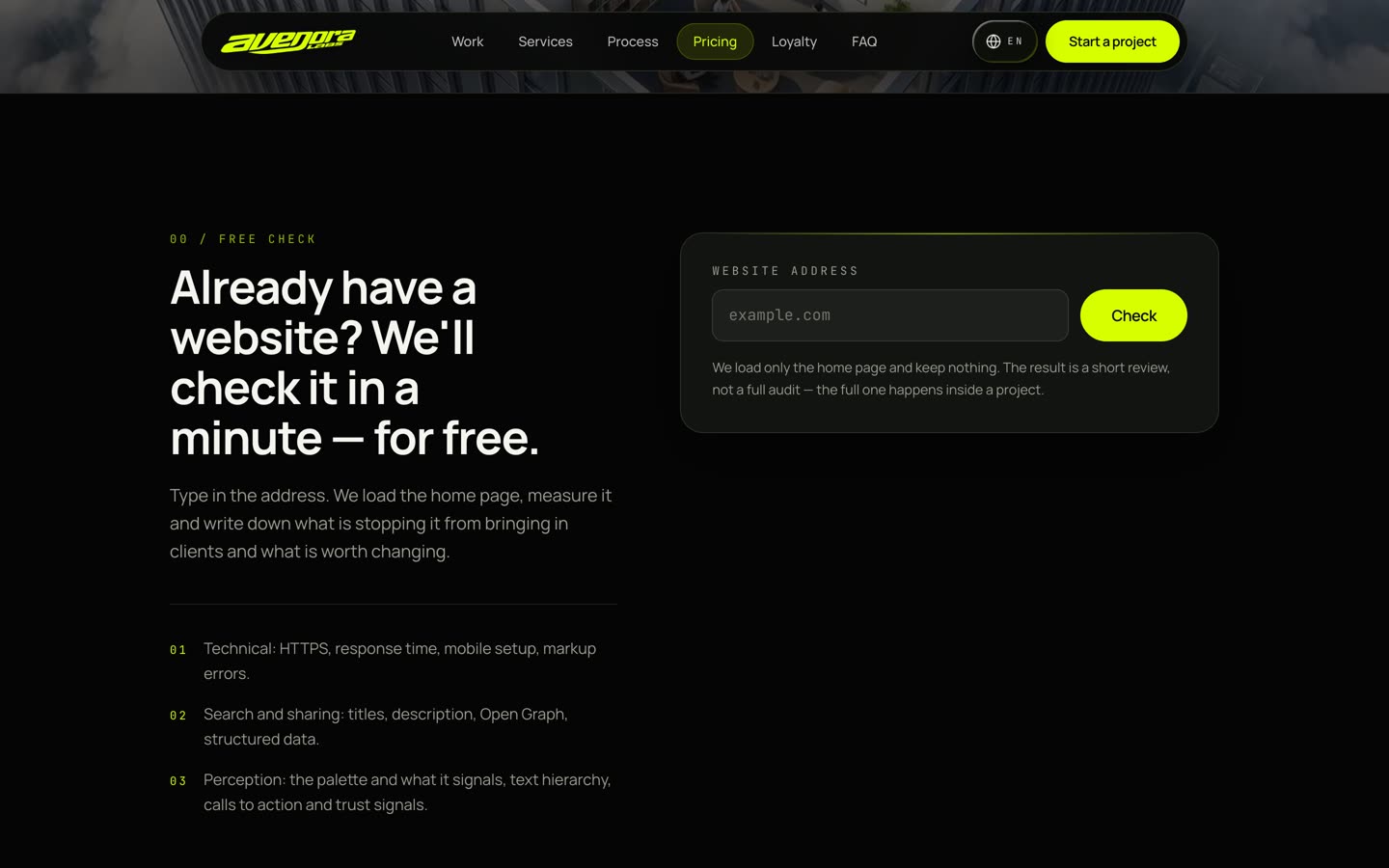 Free site check: paste a URL, get a one-minute audit