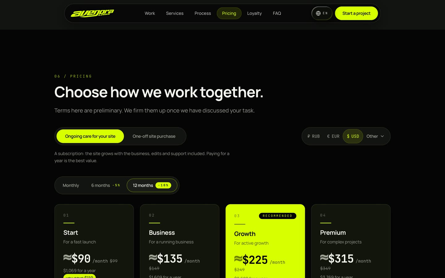 Pricing: Start, Business, Growth and Premium plans, with a currency switch
