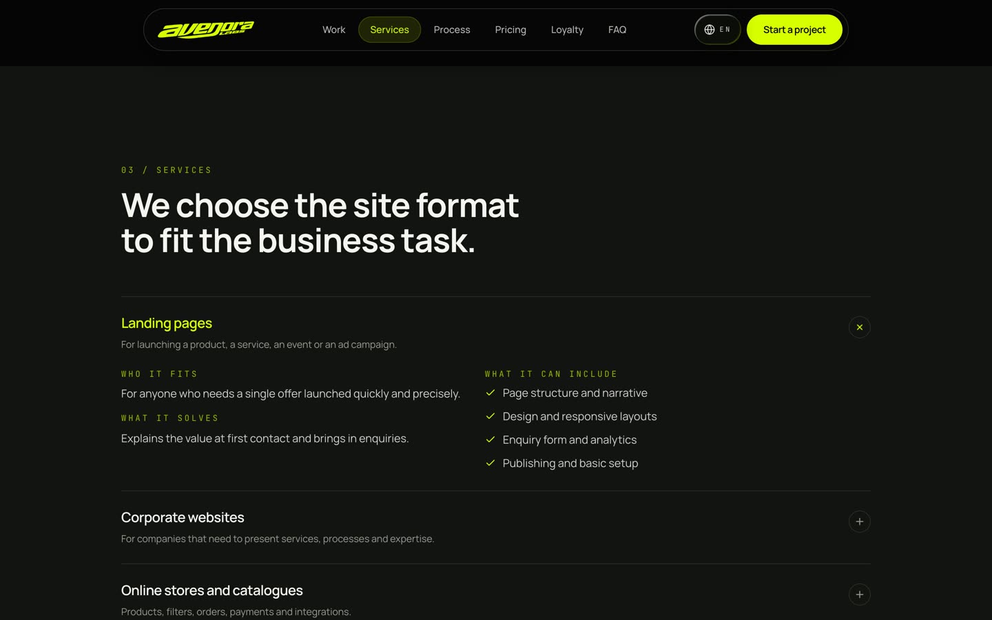 Services: landing pages, corporate sites, online stores